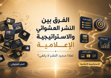 تصميم يوضح الفرق بين النشر العشوائي والاستراتيجية الإعلامية عبر مسار رقمي منظم ورسومات بيانية