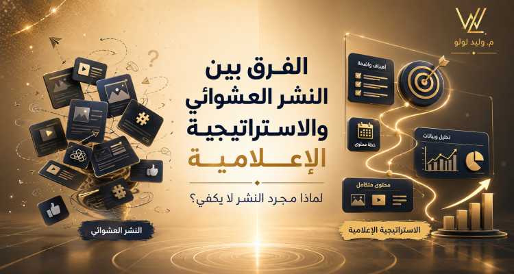 تصميم يوضح الفرق بين النشر العشوائي والاستراتيجية الإعلامية عبر مسار رقمي منظم ورسومات بيانية
