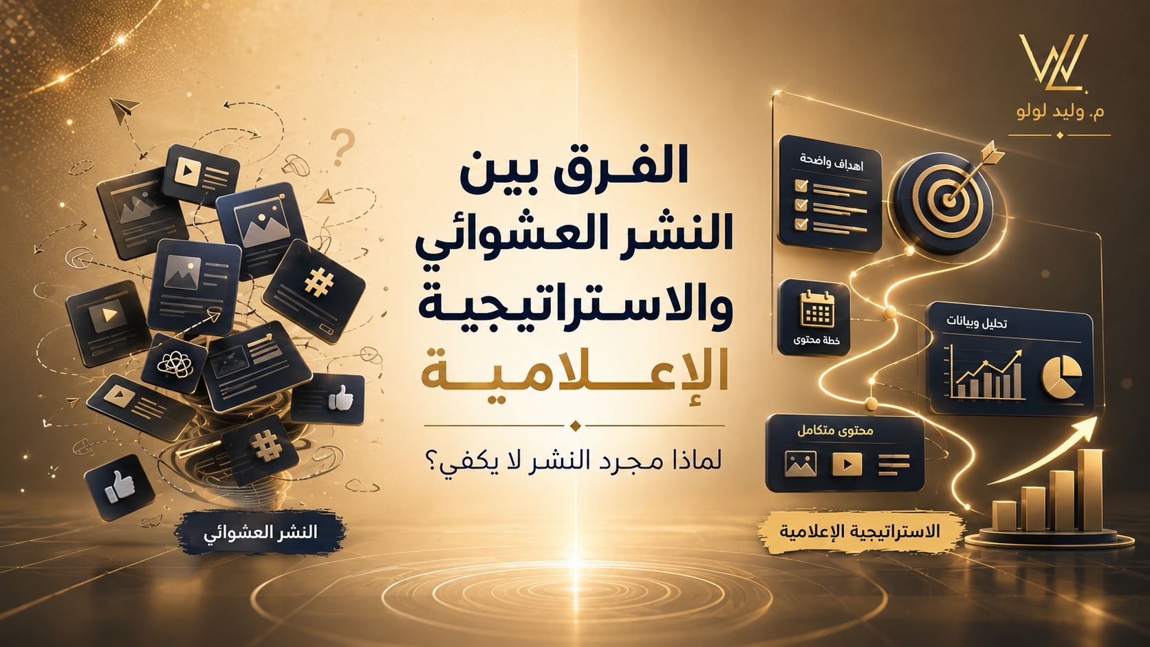 تصميم يوضح الفرق بين النشر العشوائي والاستراتيجية الإعلامية عبر مسار رقمي منظم ورسومات بيانية